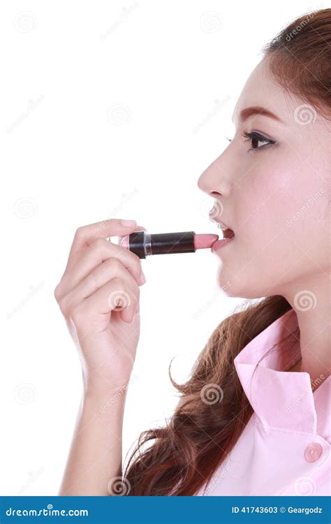 Beautiful Woman Applying Lipstick Stock Image Image Of People