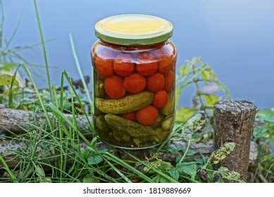glass jar tomatoes cucumbers stands stock photo  shutterstock