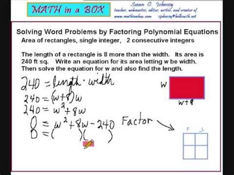 solving word problems  factoring polynomials area   rectangle