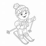 Coloring Boy Outline Cartoon Skis Winter Kids Sports Riding Vector Book Kid sketch template