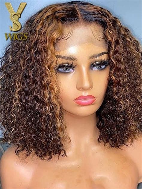 yswigs highlight kinky curly bob style human hair hd lace front wigs ds