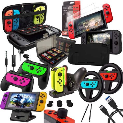 switch accessories bundle orzly geek pack  nintendo switch case screen protector joycon