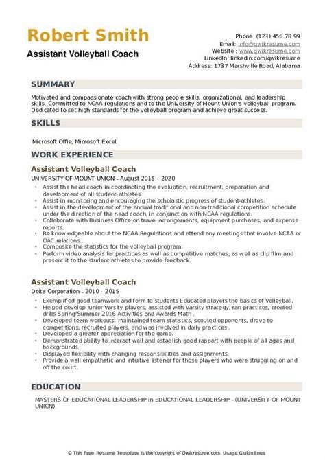assistant volleyball coach resume samples qwikresume