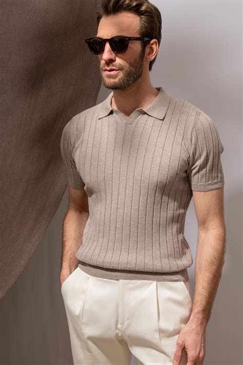taupe ribbed knit polo   italy polo shirt outfits polo outfit men mens fashion