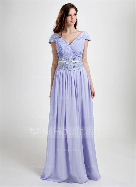 a line princess v neck floor length chiffon prom dress with ruffle