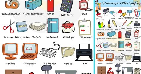 office supplies list  stationery items  pictures esl