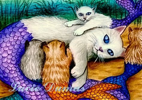 aceo art print cat mermaid  fantasy  lucie dumas  artbylucie