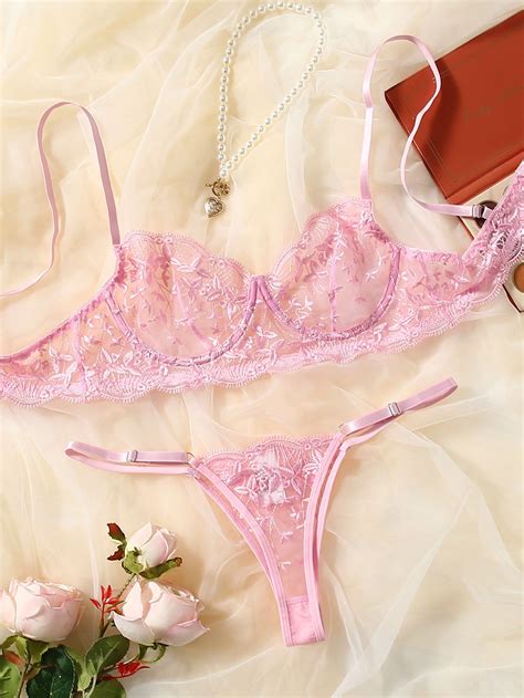 Pink Sexy Mesh Plain Sexy Sets Non Stretch Women Intimates Lingerie