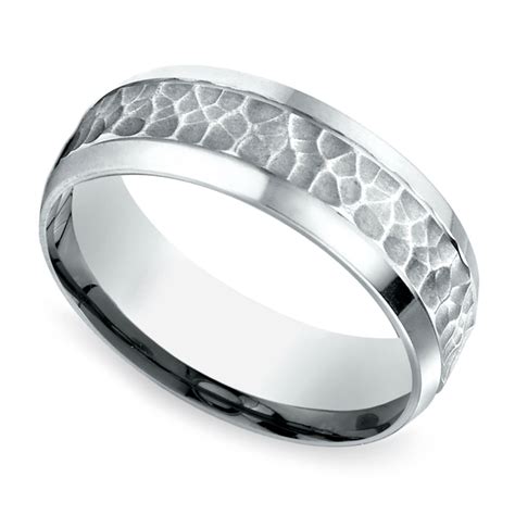 hammered beveled men s wedding ring in white gold