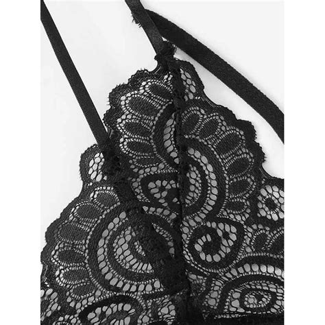 sexy black floral lace backless cut out back buckle