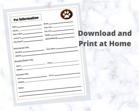 printable pet information form instant  etsy