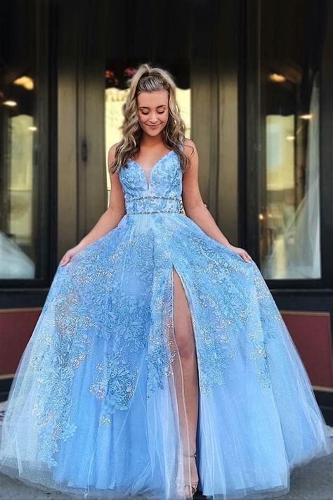chicloth light blue floor length sleeveless lace prom dresses inexpensive prom dresses