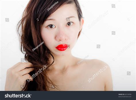 Beautiful Long Hair Asian Girl With Red Lip Staring
