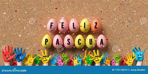easter eggs  message happy easter  spanish stock photo image