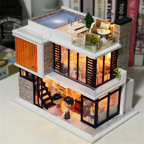 handmade  diy house model kit miniature led light wooden dolls house