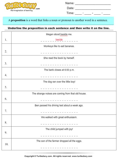 underline prepositions   sentence turtle diary worksheet