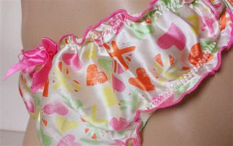 Gorgeous Pink Heart Print Silk Satin Ruffled Panties Frilly Bikini