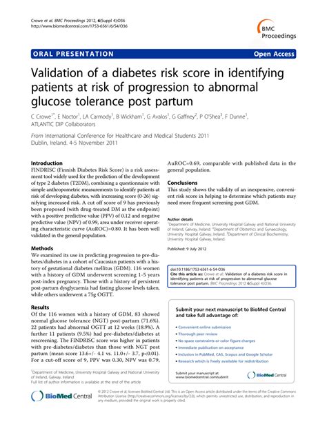 Pdf Validation Of A Diabetes Risk Score In Identifying Patients At