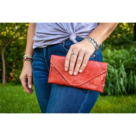 leaf leather envelope clutch purse handmade womens wallet red
