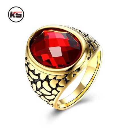 big oval red male wedding ring mens ruby jewelry kt yellow gold filled engagement trendy