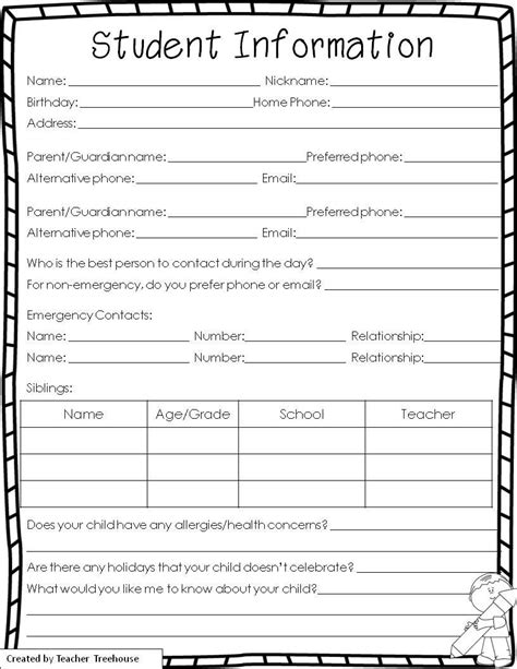 printable student contact information form printable forms