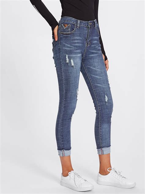 Roll Up Hem Ripped Jeans Women Pants Casual Rolled Up Jeans Women Jeans