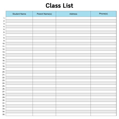 printable class list template  printable templates