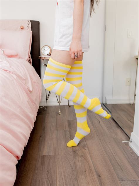 Yellow Striped Thigh High Socks By Lewd Fashion Sexy Anime Etsy