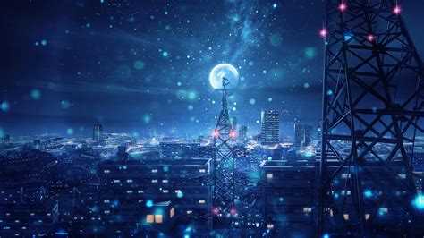 blue night big moon anime scenery  p