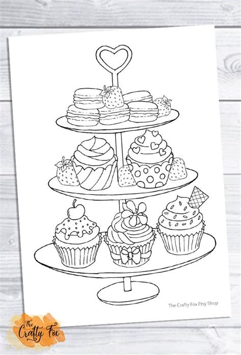 cup cake stand colouring sheet  adults  children etsy