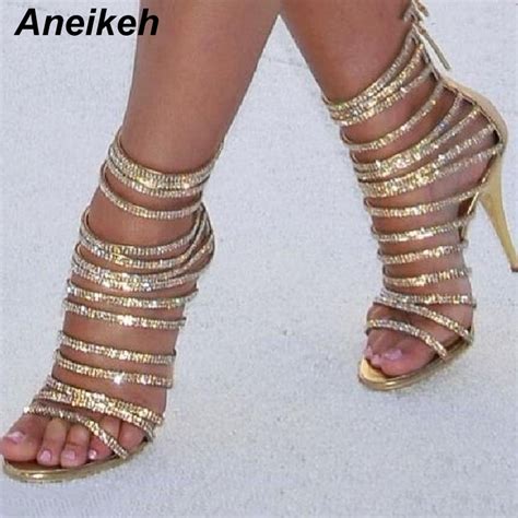aneikeh bling bling gold crystal sandals thin strappy gladiator sandal