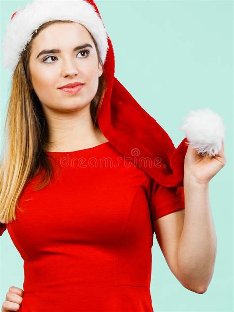 woman wearing santa claus helper costume stock photo image  neutral