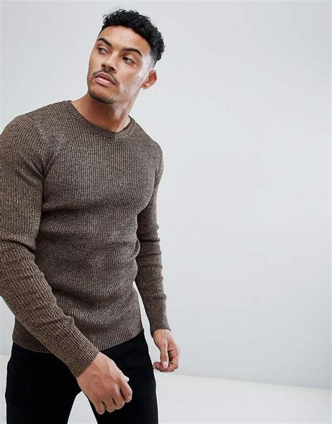 asos muscle fit ribbed sweater  tan twist sweater outfits men ribbed sweater men sweater