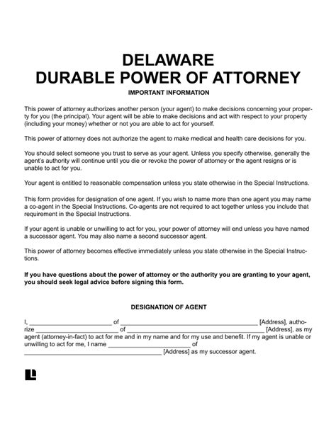 printable power  attorney form delaware printable word searches