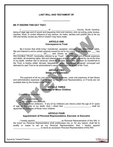 south carolina legal    testament form   property