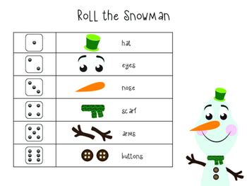 roll  snowman printable game  shapes  colors tpt