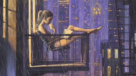 girl reading book drinking coffee  sitting  balcony painting