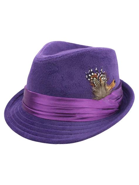 luxury divas purple wool felt fedora hat  feather trim size large