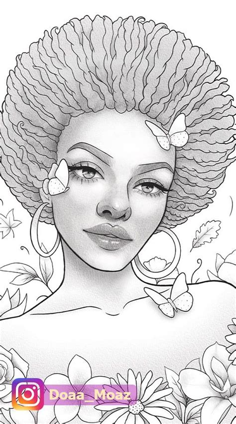 printable coloring page black girl floral portrait etsy coloring