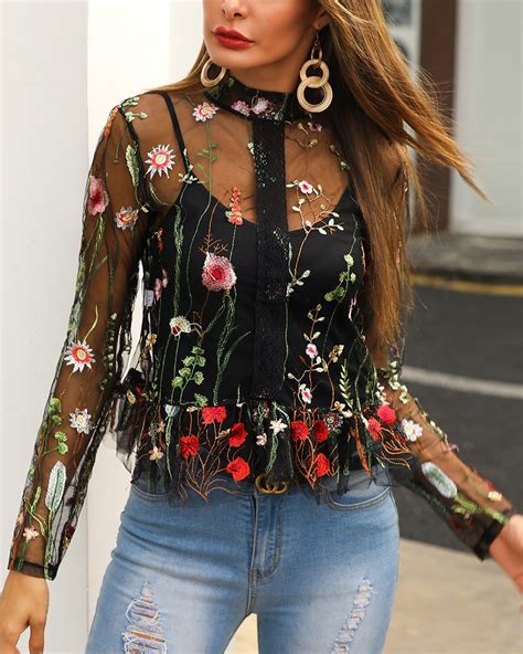 floral embroidery sheer mesh blouse s m l 18 99 fashion mesh