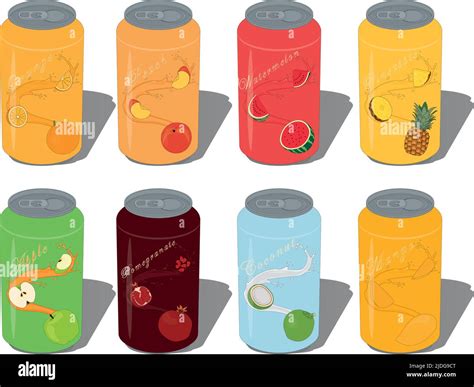 Soft Drinks Fruit Juice Collection In Aluminium Drink Cans Vector