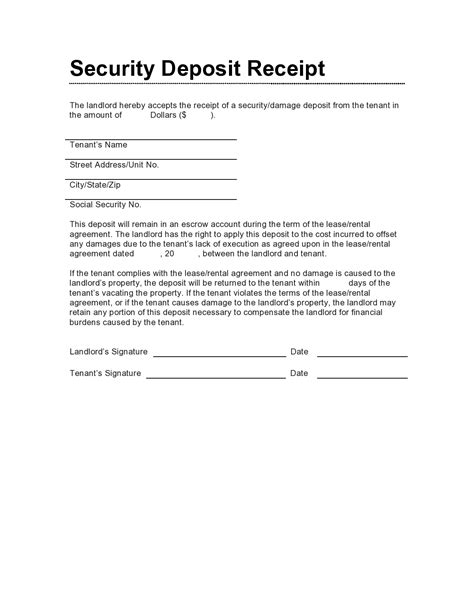 security deposit receipt template  word eforms  editable