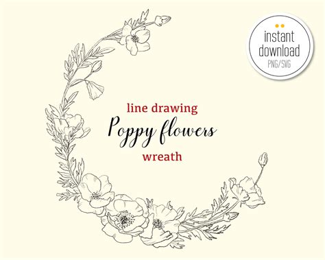 poppy wreath sketch svgpng poppy flower pencil sketch etsy