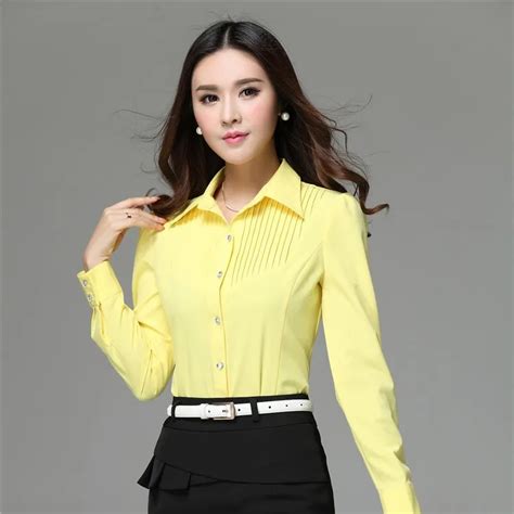 Spring 2015 New Formal Yellow Shirts Women Long Sleeve Work Blouses For