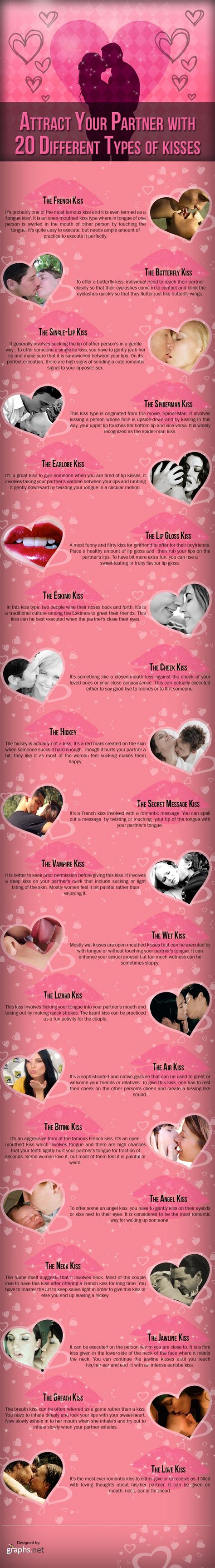 attract your partner with 20 different types of kisses infographic love quotes