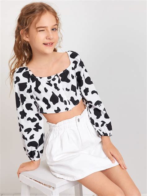 Shein Girls Single Breasted Cow Print Crop Blouse Tween Fashion