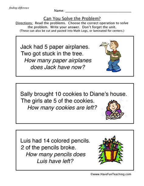 subtracting word problems worksheet  fun teaching