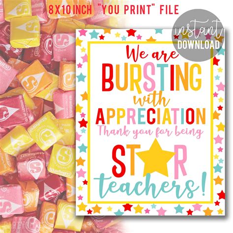 teacher appreciation print star teacher appreciation candy sign
