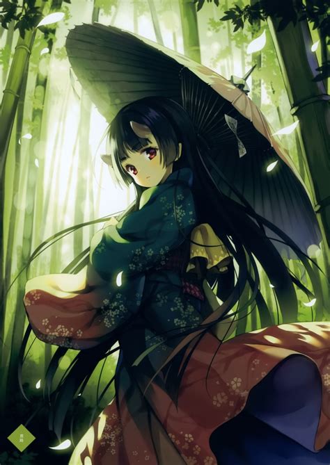 wallpaper anime girl forest bamboo kimono loli horns black hair