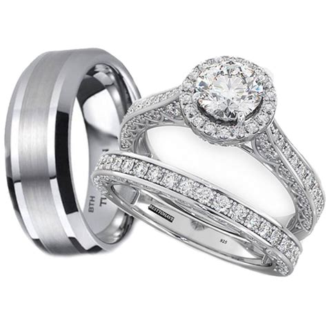 tungsten  sterling silver wedding engagement ring set